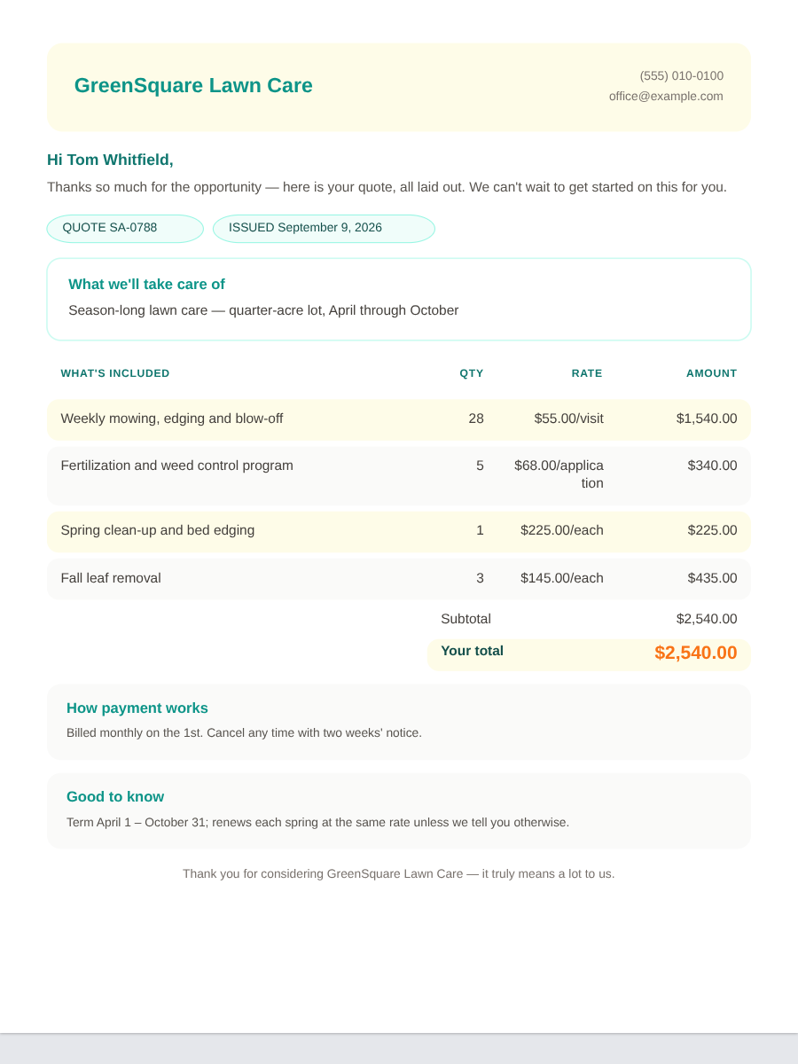 Starter look: Service agreement, shown for GreenSquare Lawn Care