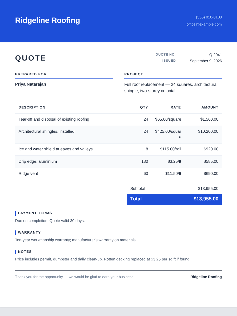 Starter look: Unit rate, shown for Ridgeline Roofing
